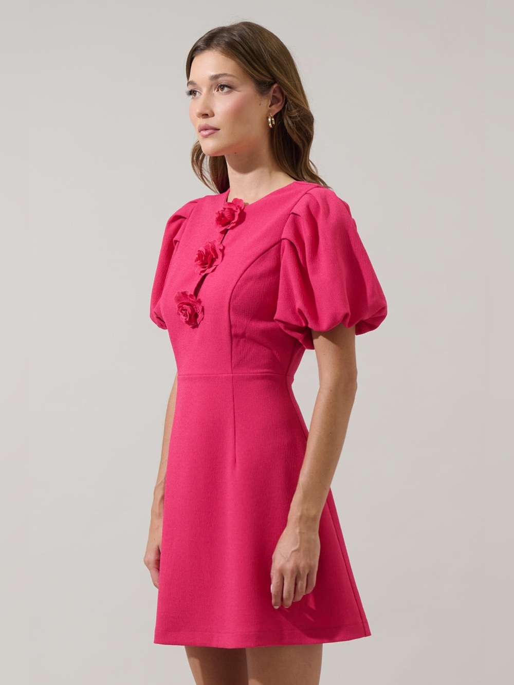 Sugarlips Zemira Rosette Bubble Sleeve Mini Dress Fuchsia Size Small NWT - Picture 3 of 11